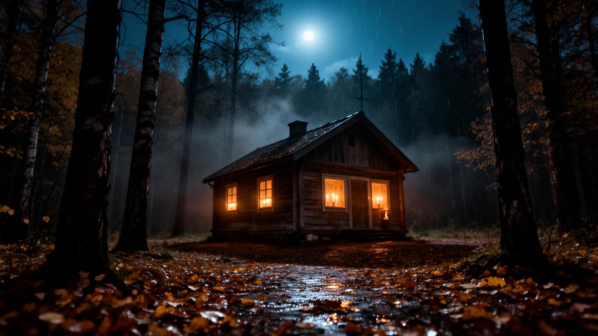 A lone wooden cabin glowing in a black forest