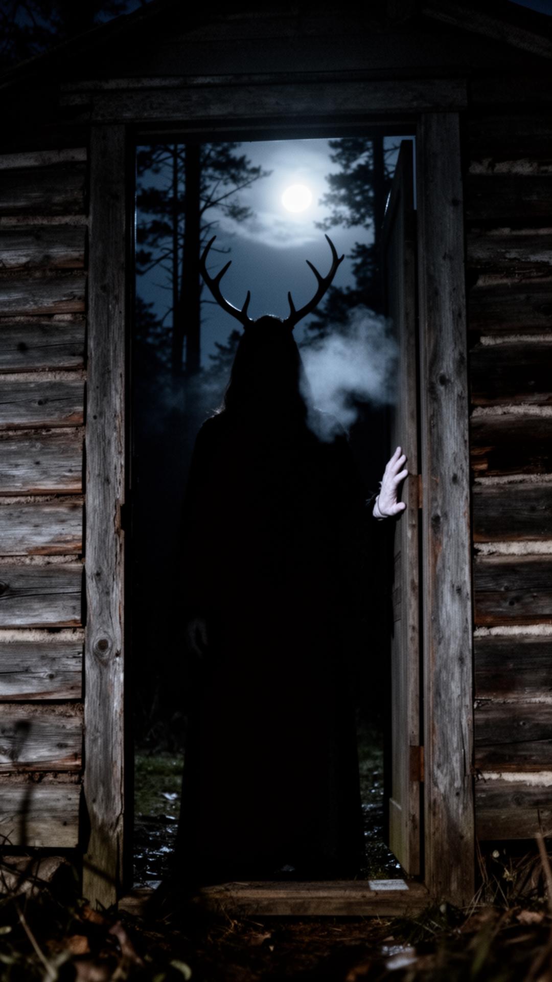 A horned silhouette standing in a doorway under cold moonlight